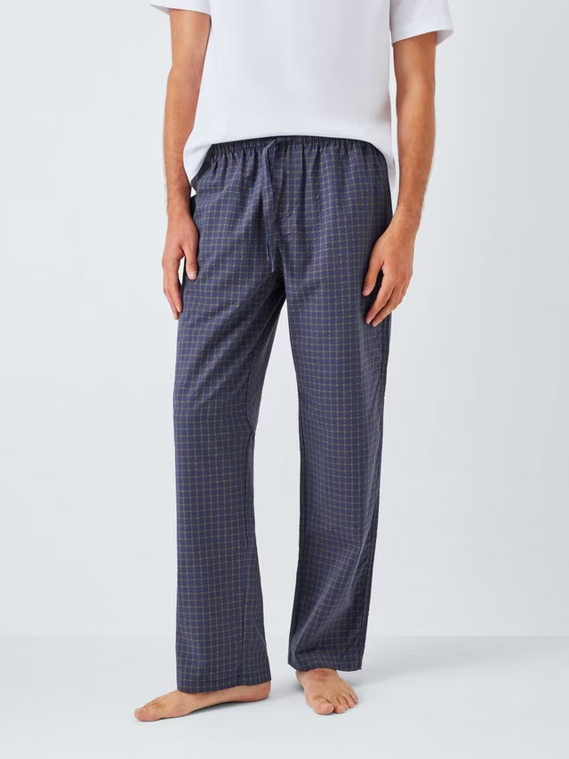 SALEM-Organic Cotton Seersucker Check Lounge Trousers, Blue Navy