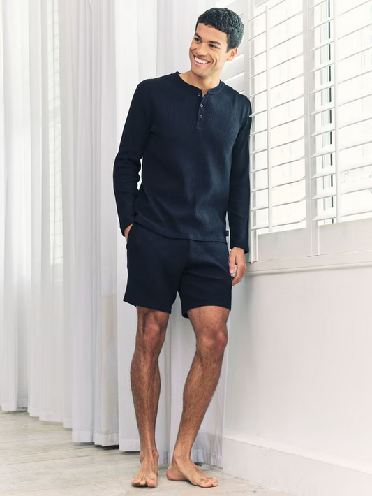 SALEM-Waffle Cotton Blend Lounge Shorts, Navy
